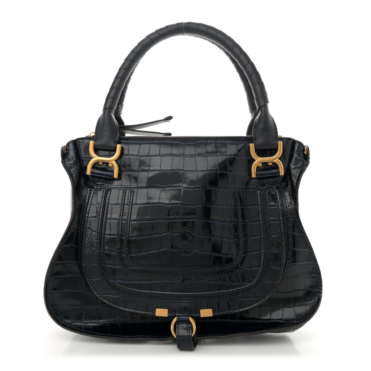 Calfskin Crocodile Embossed Small Marcie Satchel Full Blue