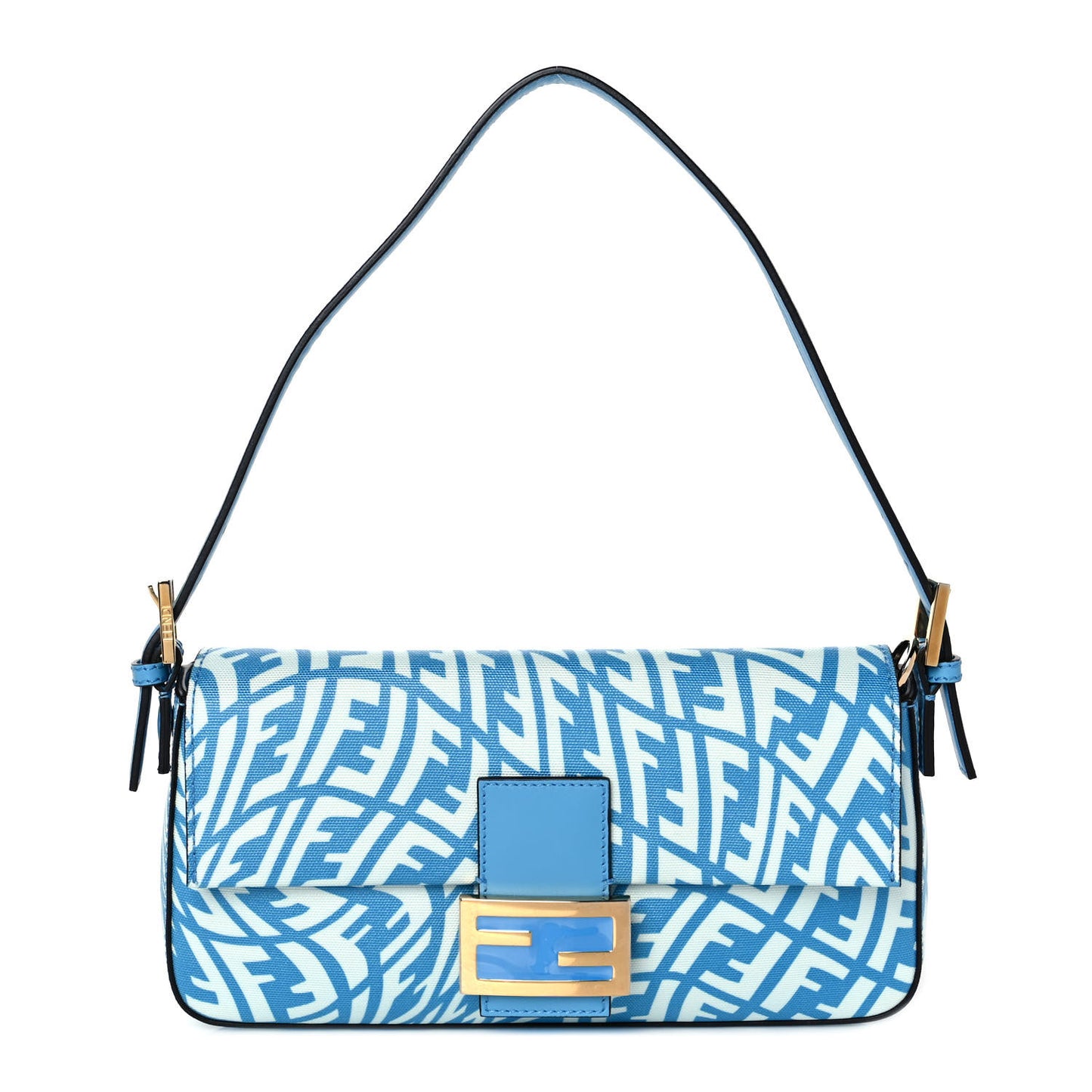 X SARAH COLEMAN Glazed Canvas Vitello King FF Vertigo Baguette 1997 Cyber Blue White