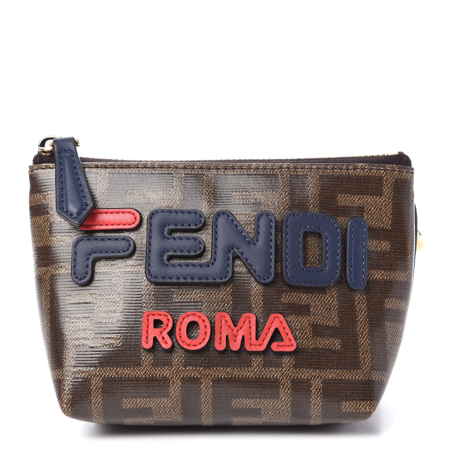 Fendi X FILA Glazed Fabric Vitello Century FF 1974 Mania Beauty Pouch Mogano Panna Blueberry 1 of 7