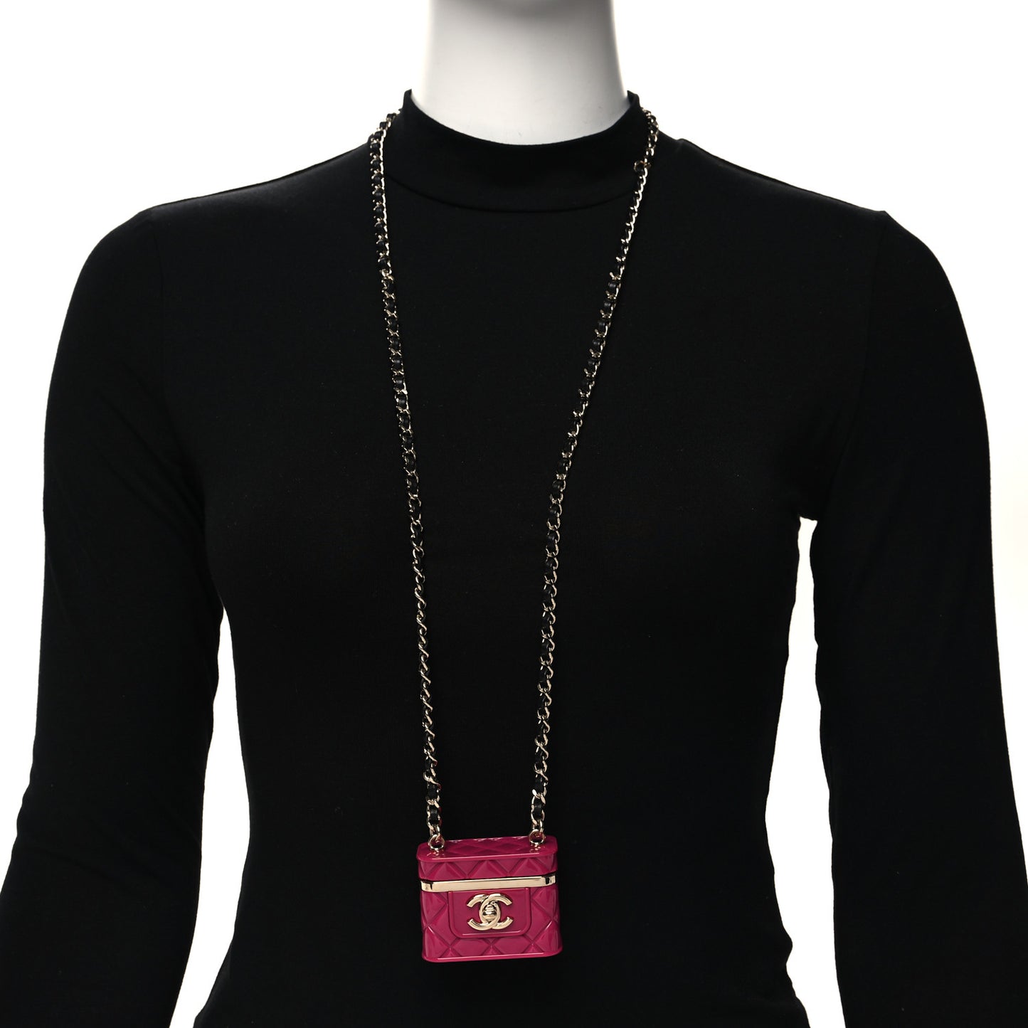 Metal Resin Lambskin Flap Bag Necklace Pink Gold Black