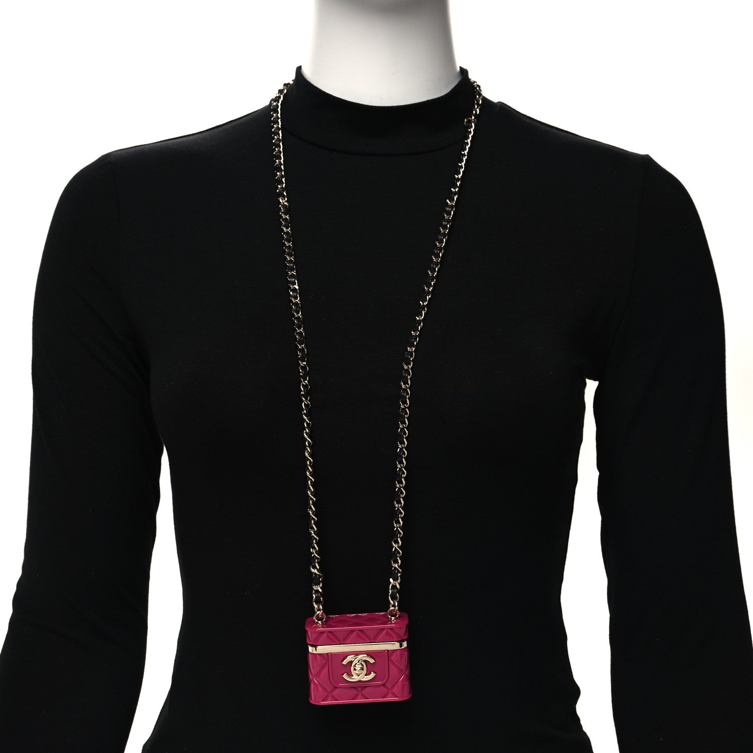 Chanel Metal Resin Lambskin Flap Bag Necklace Pink Gold Black 2 of 5