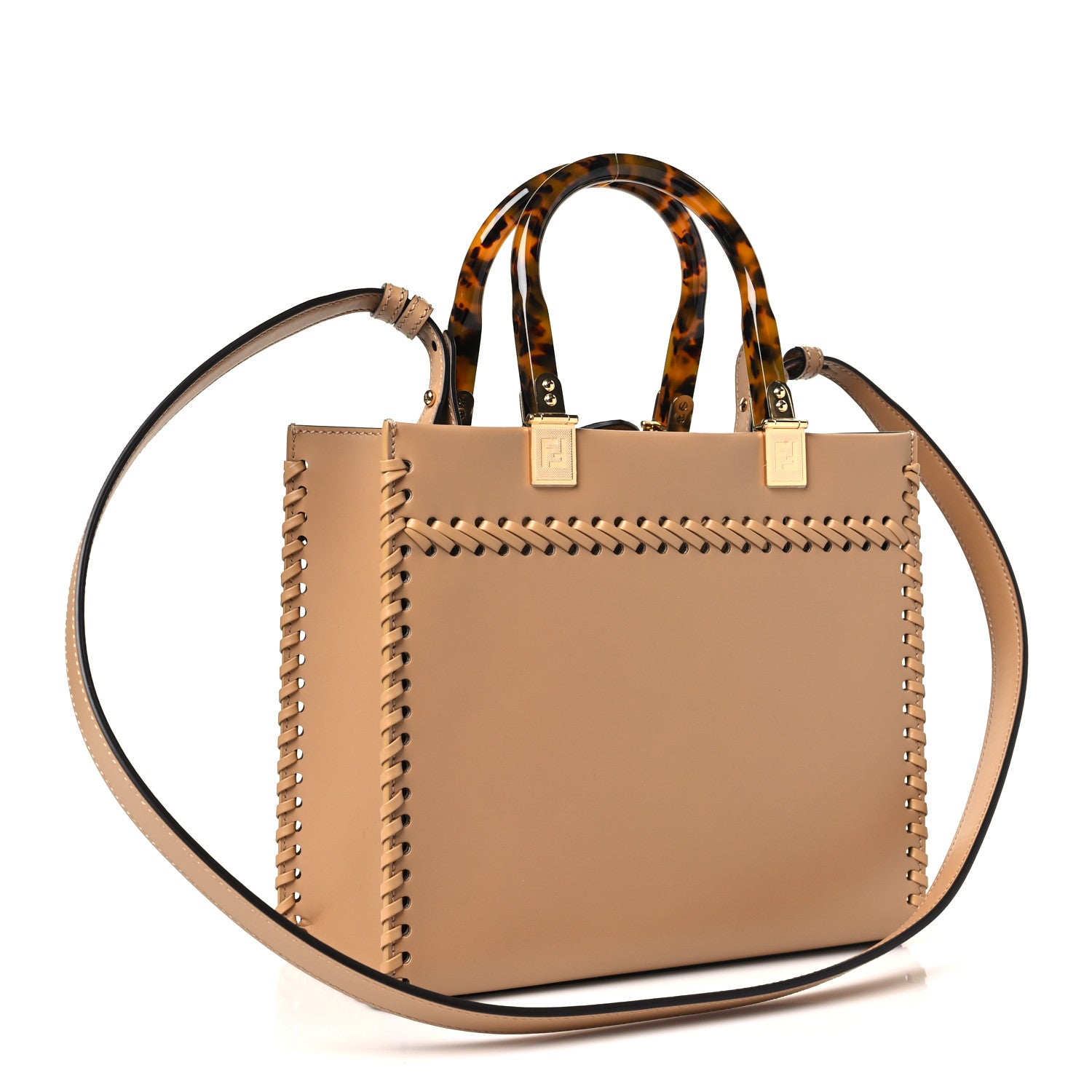 Fendi Vitello King Ceylon Plexiglass Woven Logo Debossed Small Fendi Sunshine Shopper Tote Miele Scuro 3 of 9