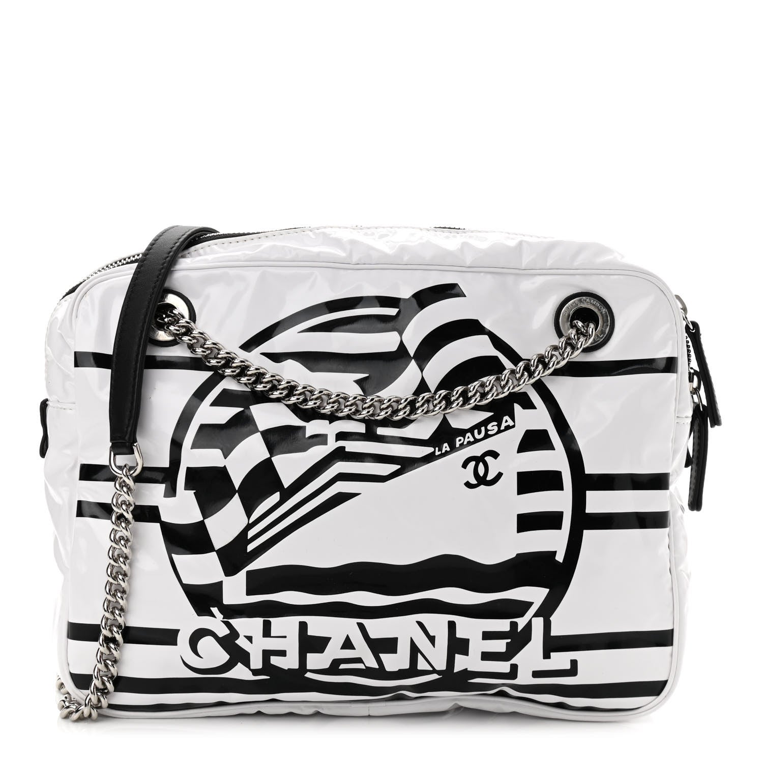 Chanel Vinyl Small La Pausa Camera Case White Black 1 of 9