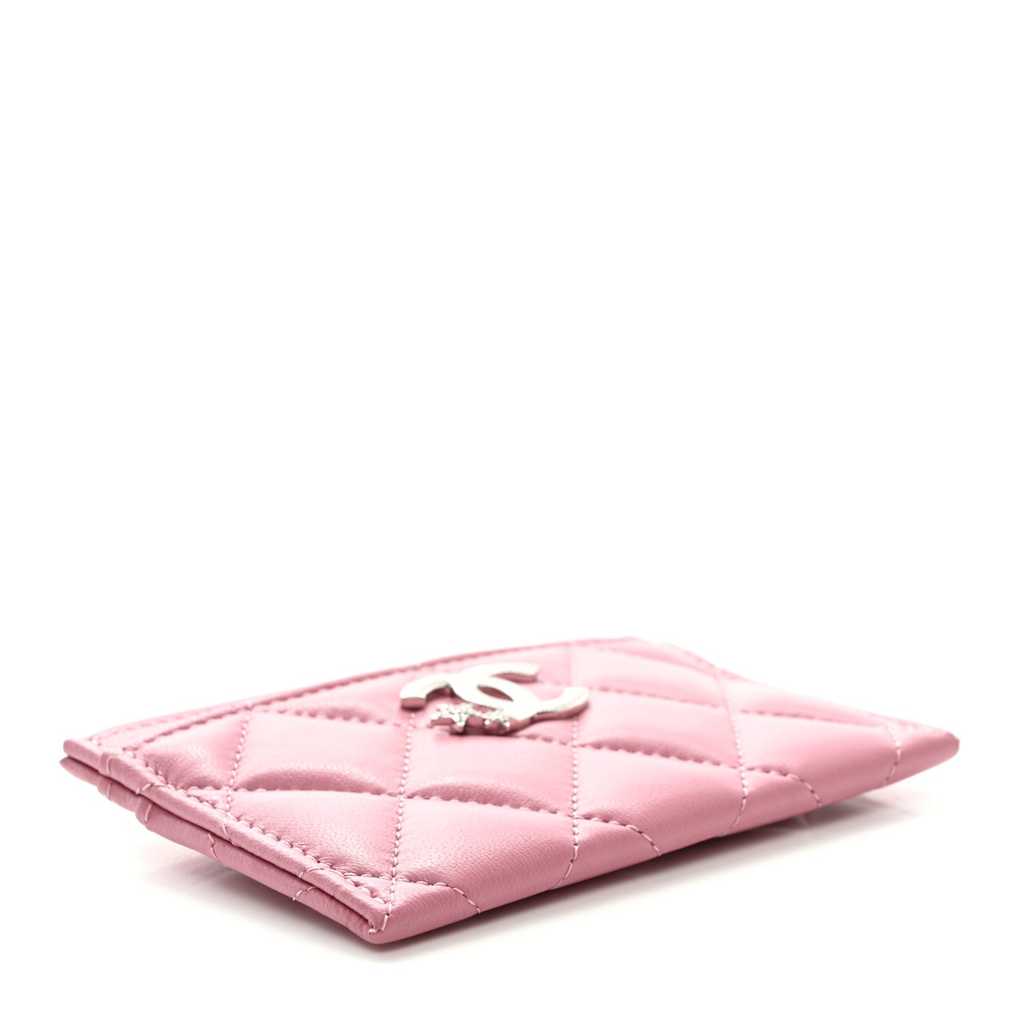 Lambskin Quilted Crystal Star Card Holder Pink