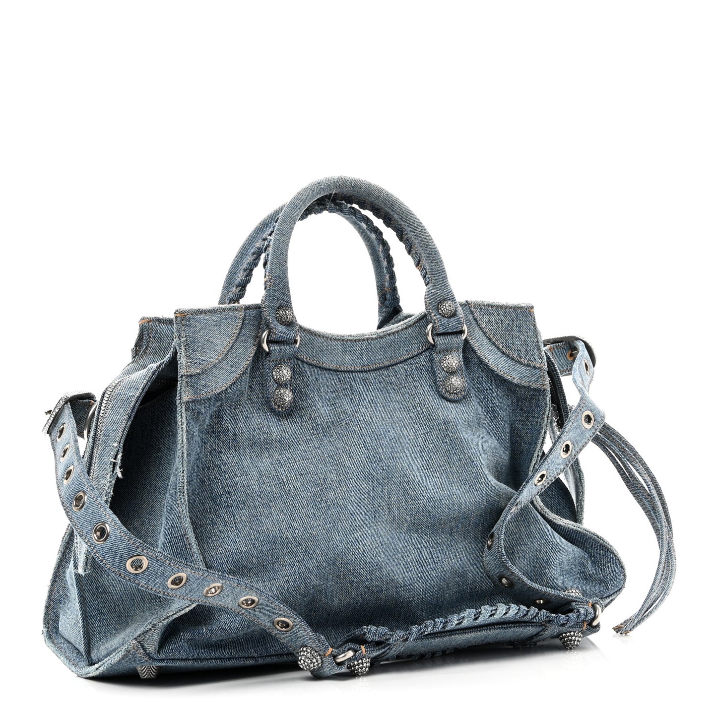 Washed Frayed Denim Crystal Neo Cagole City Handbag Blue