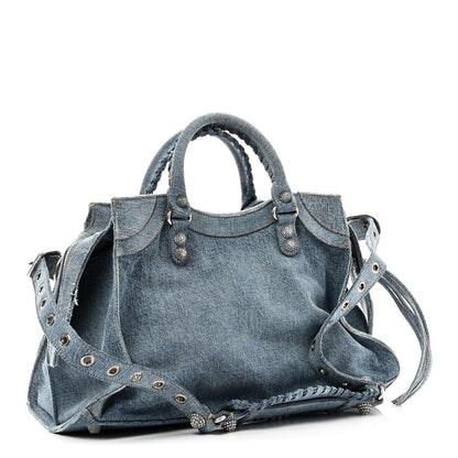 Balenciaga Washed Frayed Denim Crystal Neo Cagole City Handbag Blue 3 of 11