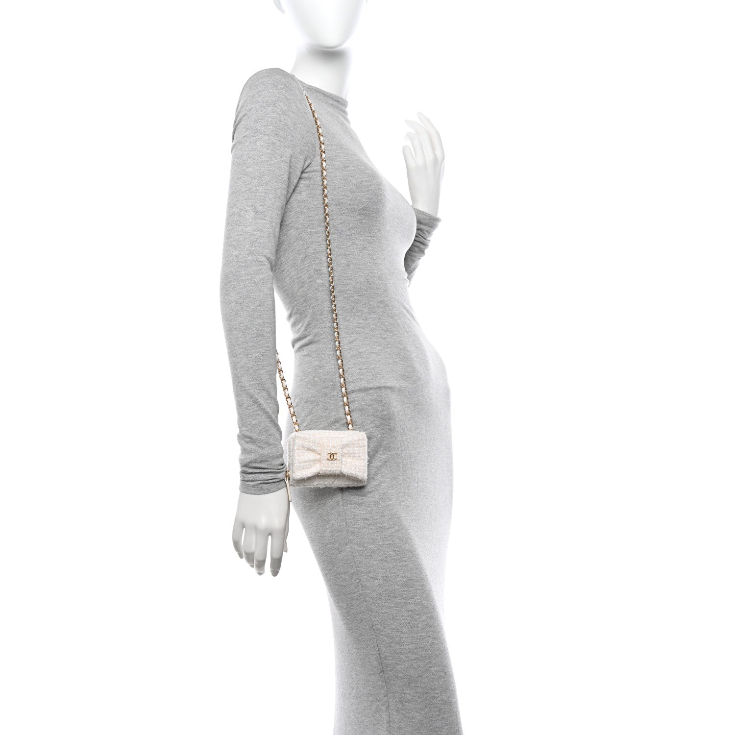 Chanel Tweed Quilted Bow Flap Card Holder On Chain White 2 of 11