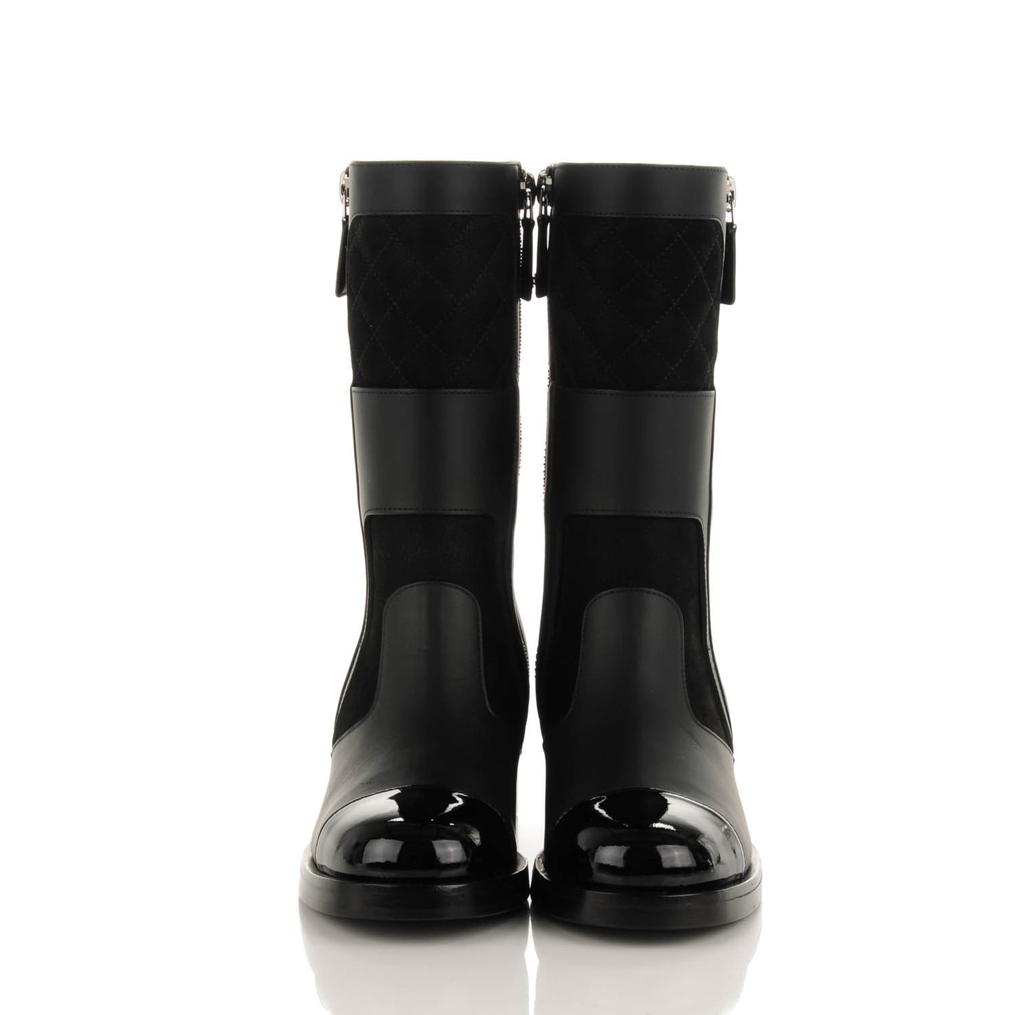Calfskin Quilted Patent Cap Toe Boots 35.5 Black
