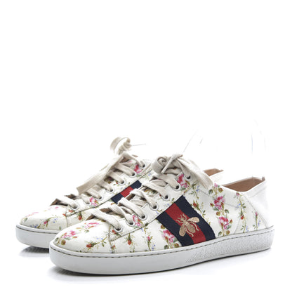 Gucci Calfskin Web Rose Print Bee Embroidered Womens Ace Sneakers 37 White 3 of 9
