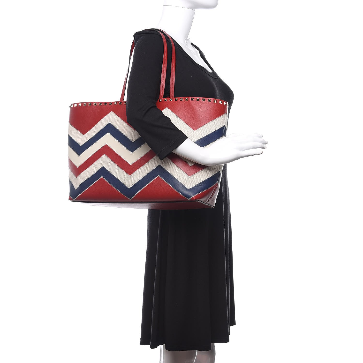 Valentino Garavani Calfskin Canvas Chevron Inlay Rockstud Shoulder Tote Red White Blue 2 of 11