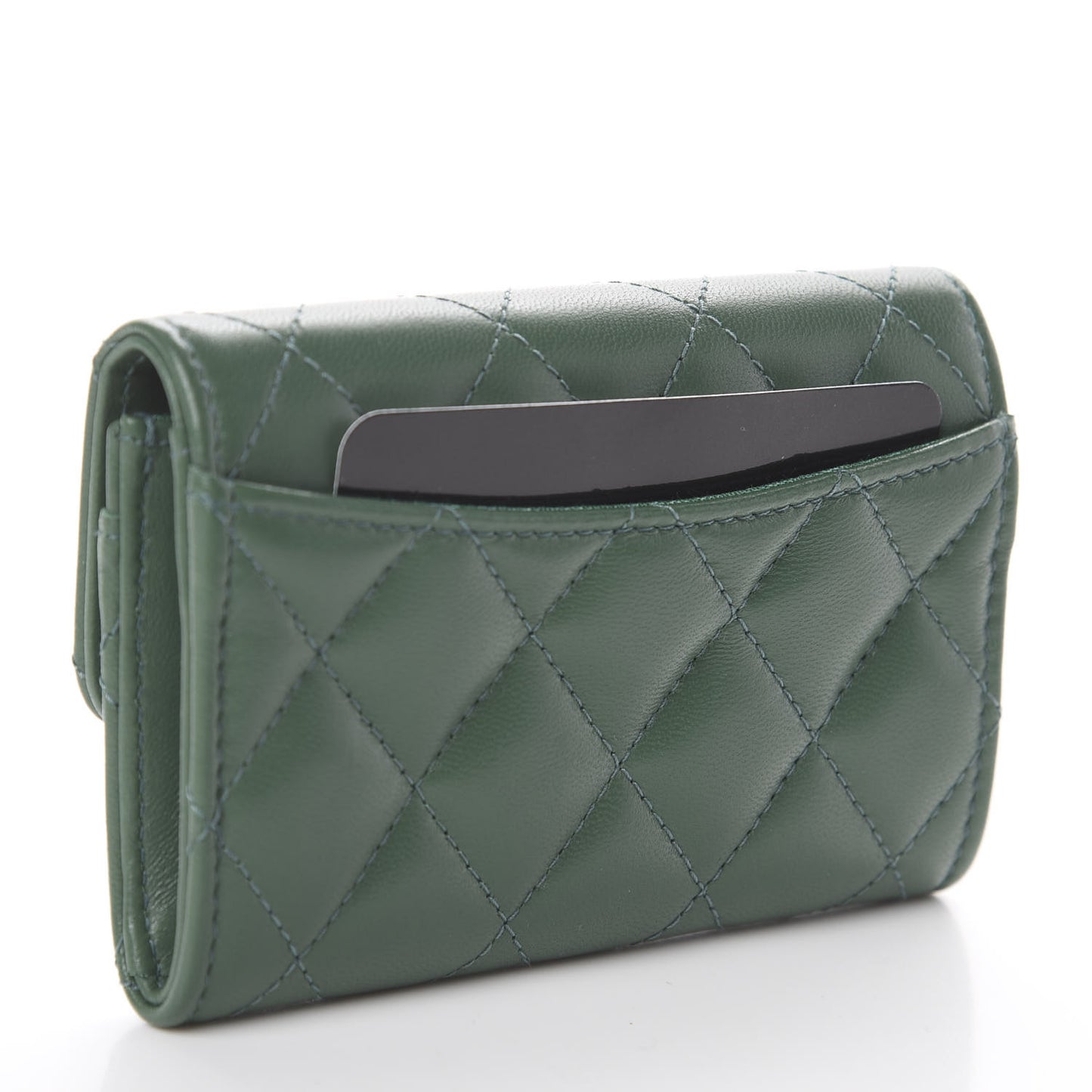 Lambskin Quilted Flap Card Holder Wallet Green