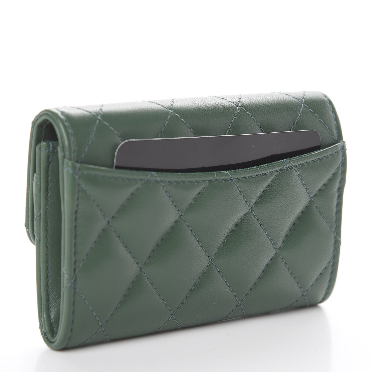 Chanel Lambskin Quilted Flap Card Holder Wallet Green 2 of 7