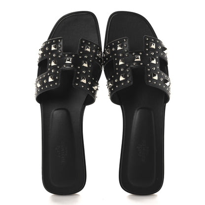 Hermes Calfskin Studded Oran Sandals 40 Black 2 of 10