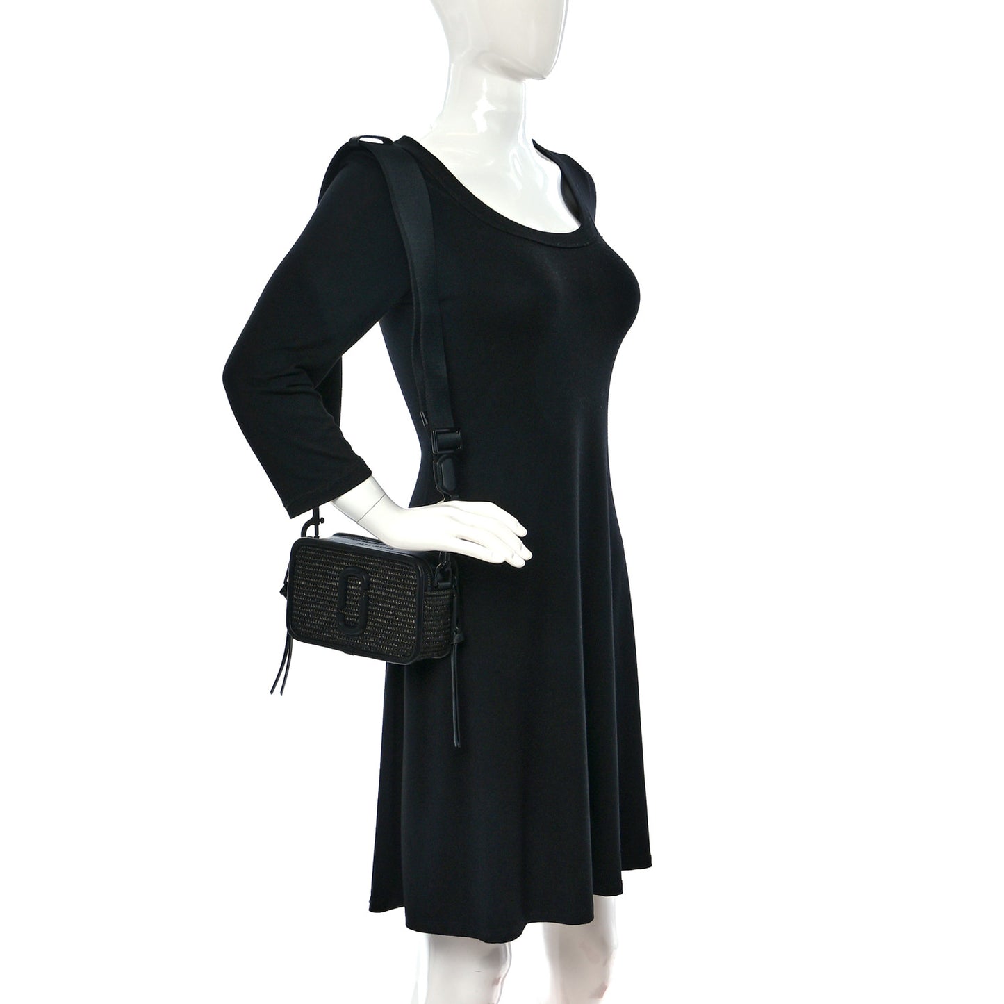 Calfskin Straw Small The Woven Snapshot DTM Camera Bag Black