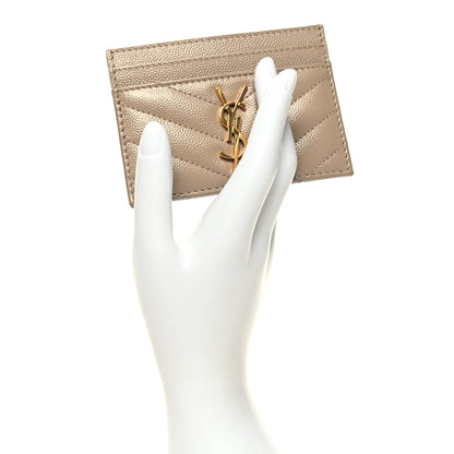 Saint Laurent Grain De Poudre Matelasse Chevron Monogram Credit Card Case Dark Beige 2 of 9