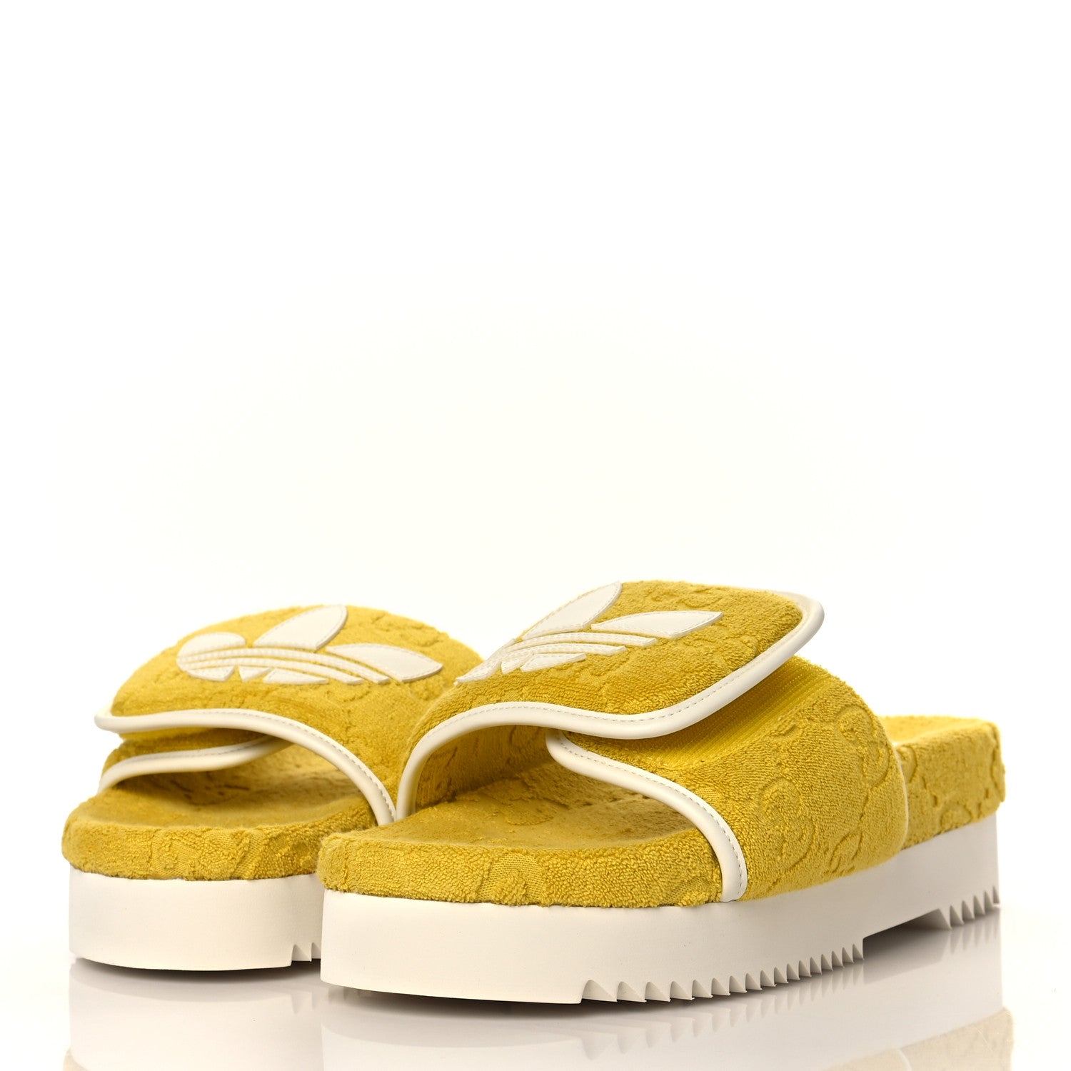Gucci X ADIDAS Terry Cloth Trefoil GG Monogram Womens Platform Sandals 39 Smile Yellow Off White 3 of 8