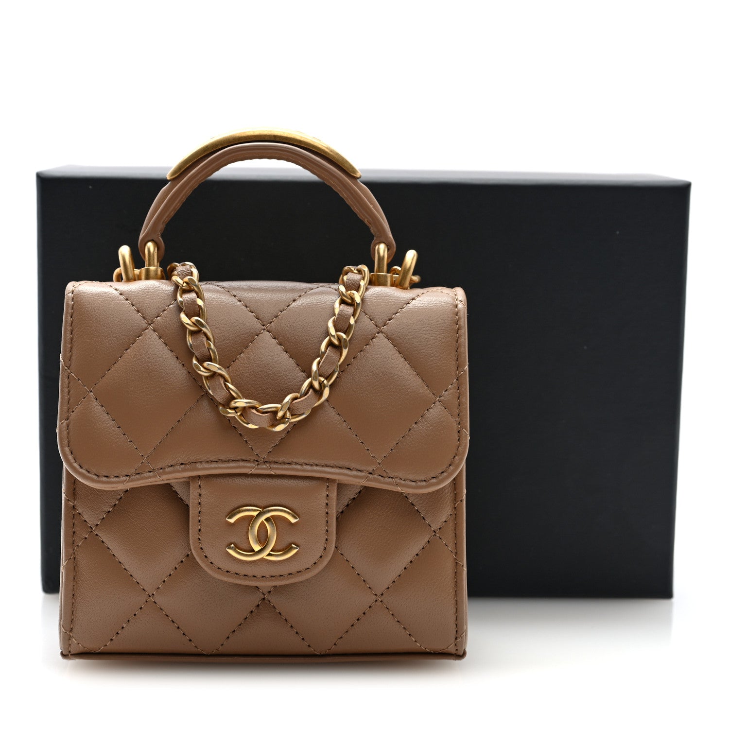 Chanel Lambskin Quilted Top Handle Flap Clutch With Chain Beige 12 of 12