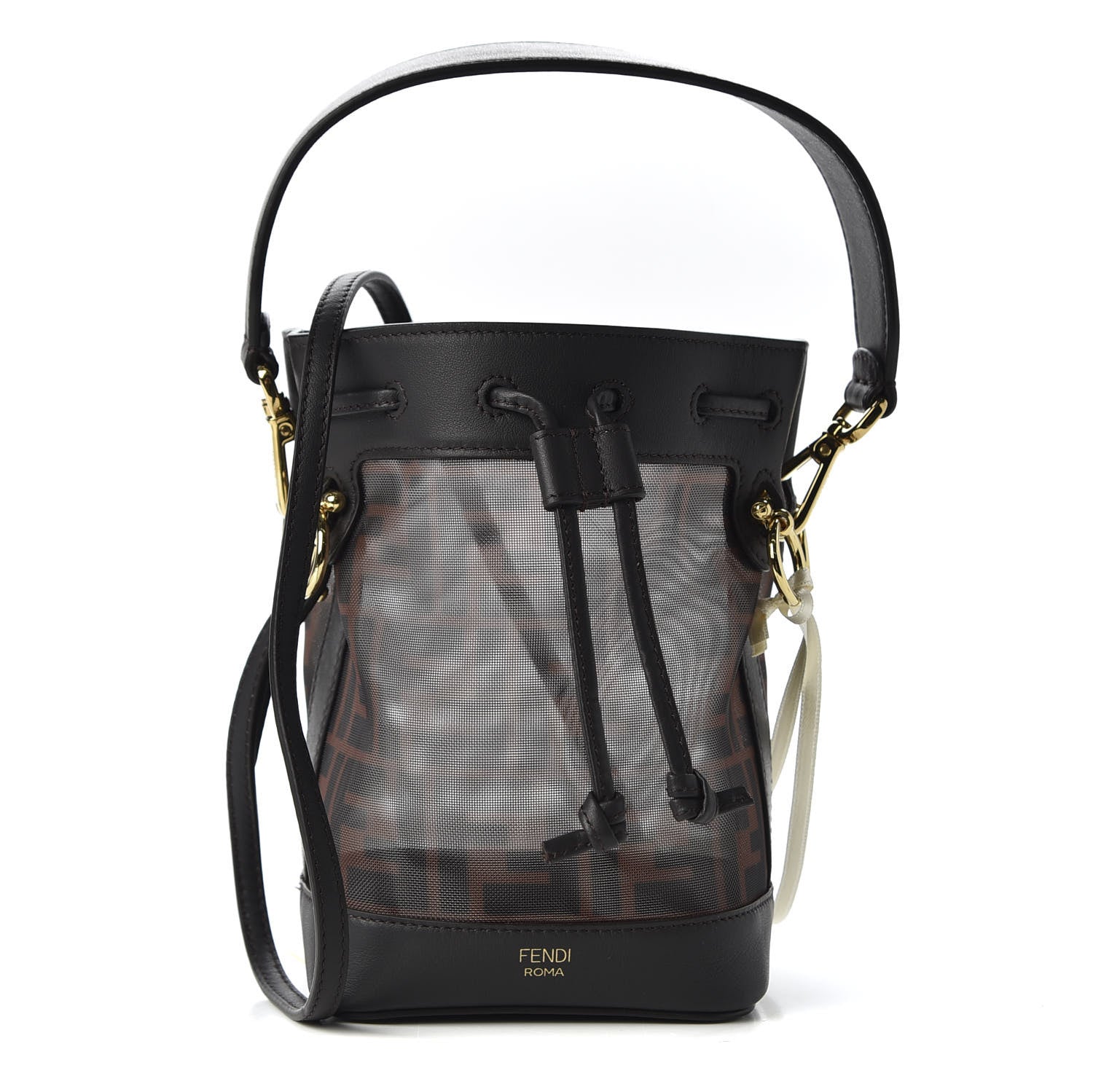 Fendi Mesh Vitello Grace F is FF 1974 Mini Mon Tresor Bucket Bag Marrone Black Ebano 1 of 8