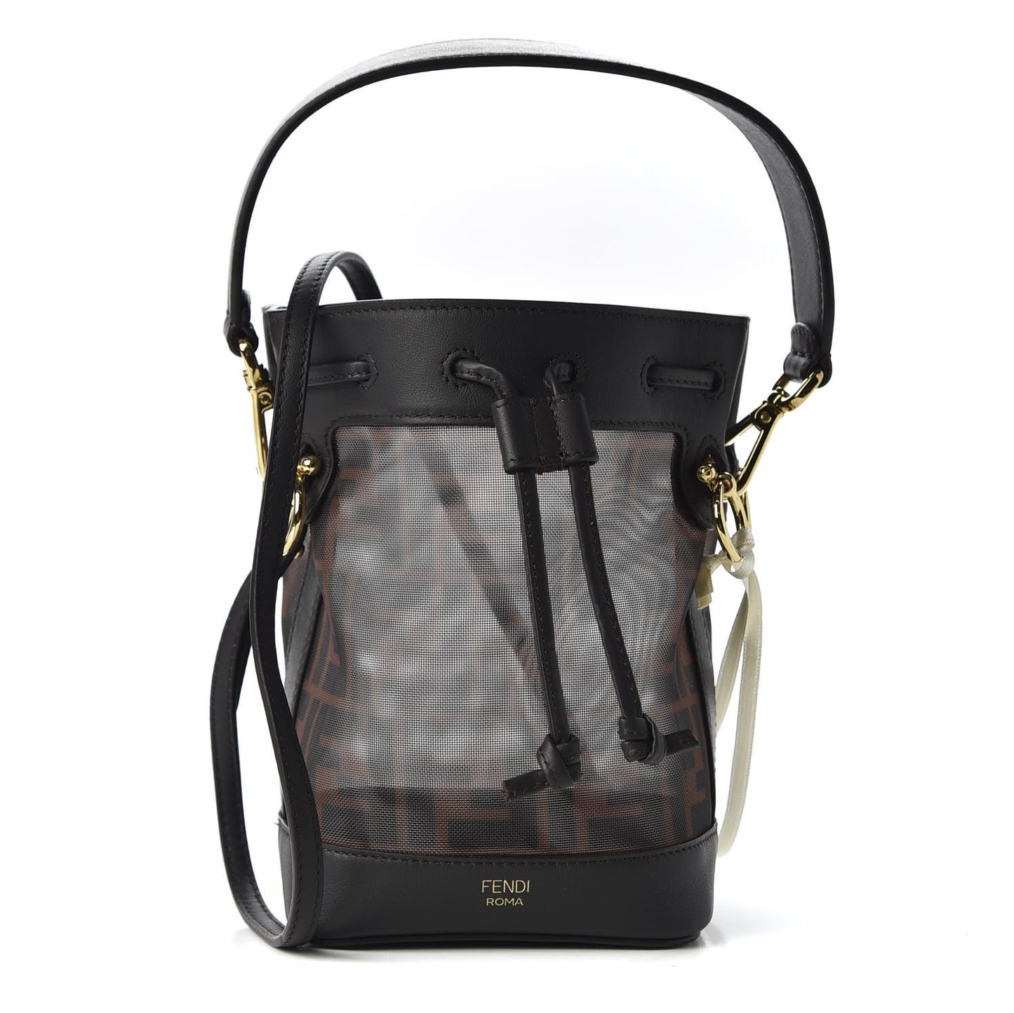 Mesh Vitello Grace F is Fendi FF 1974 Mini Mon Tresor Bucket Bag Marrone Black Ebano