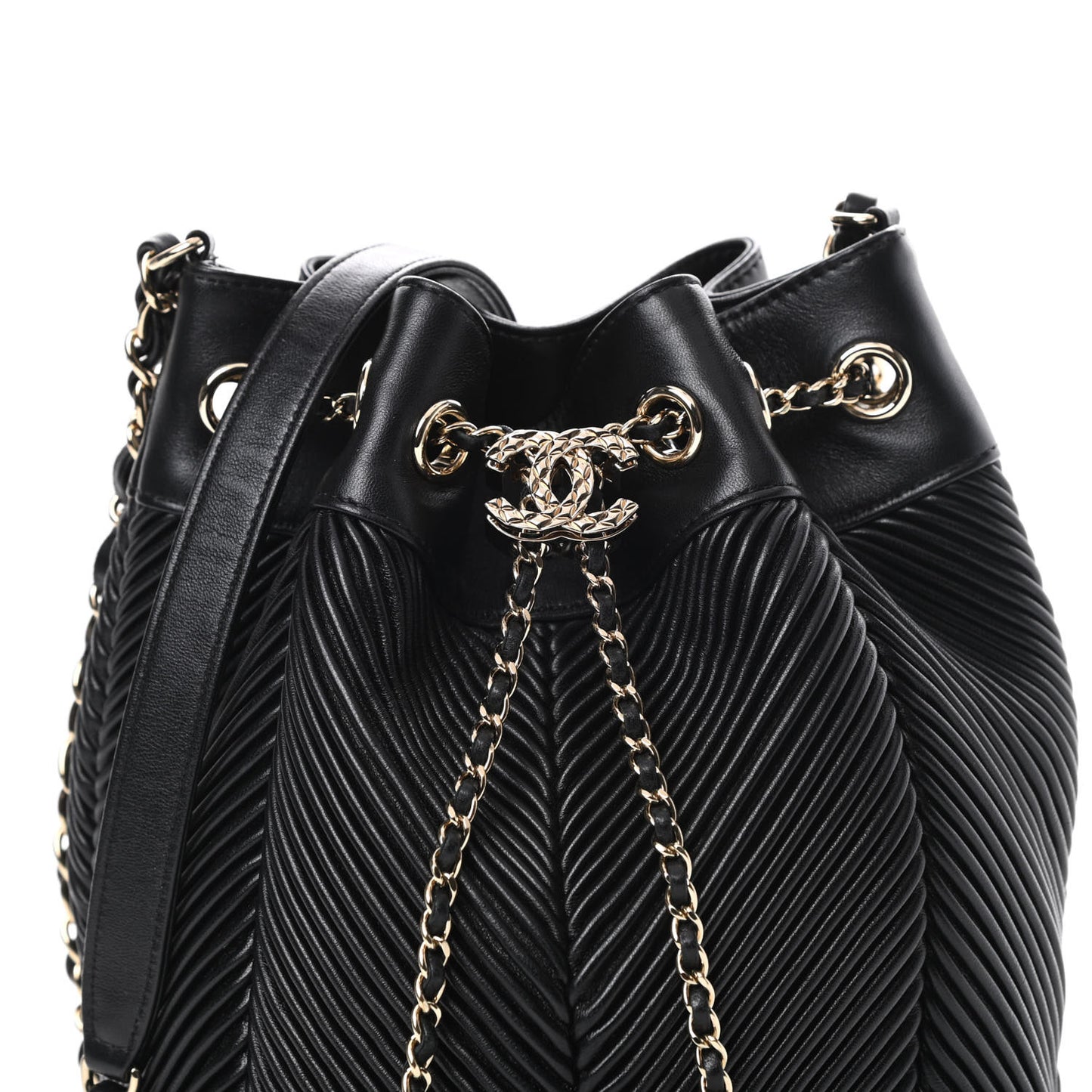 Lambskin Chevron Drawstring Bag Black