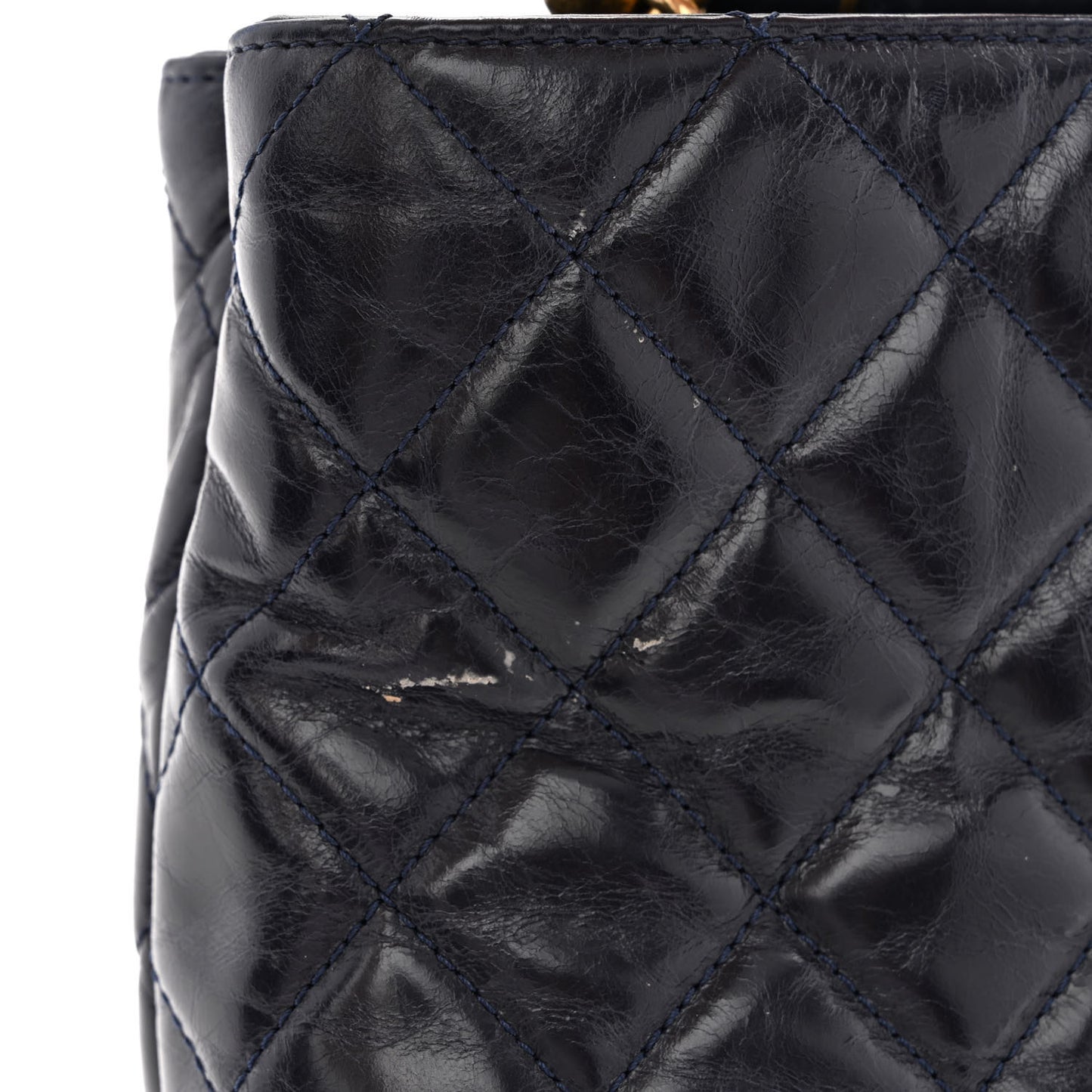 Glazed Calfskin Quilted Small Gold Bar Tote Navy Blue