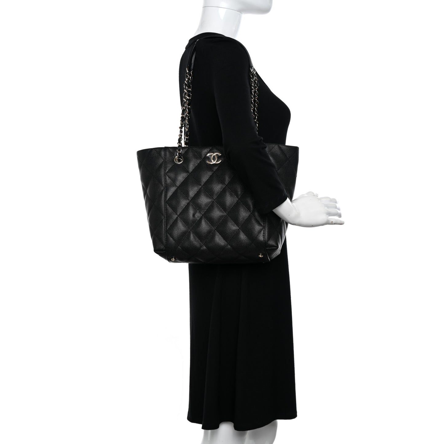 Caviar Quilted Small Shopping Tote Black