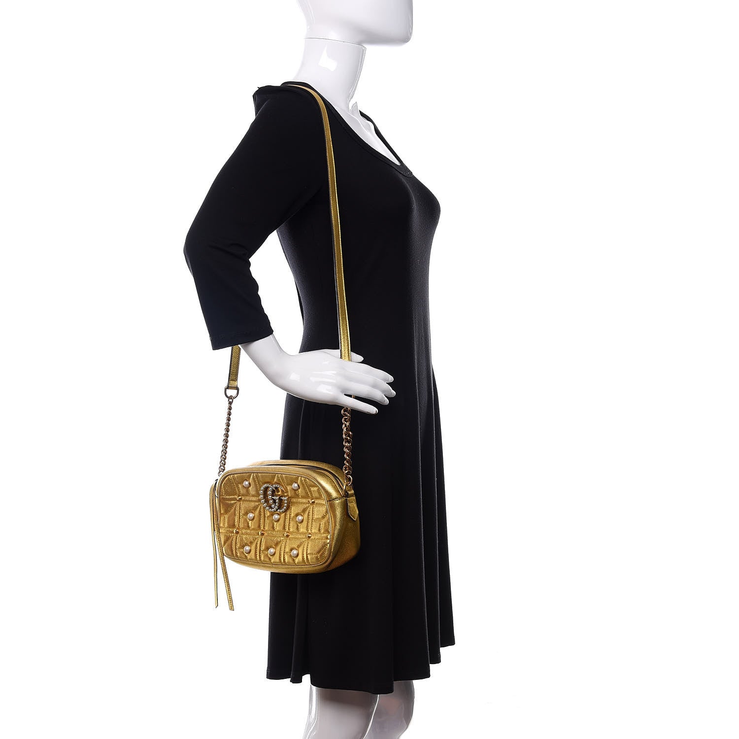 Gucci Metallic Calfskin Matelasse Studded Small Pearly GG Marmont Chain Shoulder Bag Gold 2 of 12