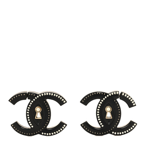 Metal Resin Crystal Pearl CC Hoop Earrings Gold Black