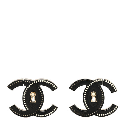 Chanel Metal Resin Crystal Pearl CC Hoop Earrings Gold Black 1 of 4