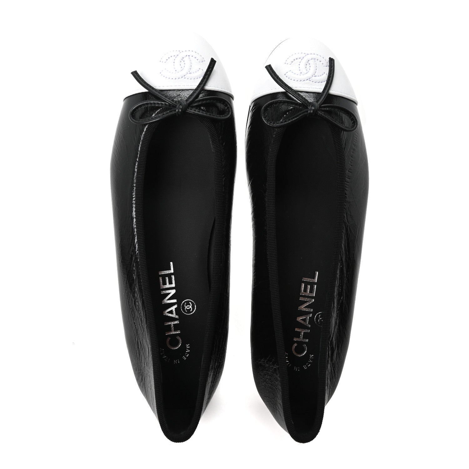 Chanel Crumpled Shiny Lambskin CC Cap Toe Ballerina Flats 37 Black White 2 of 10