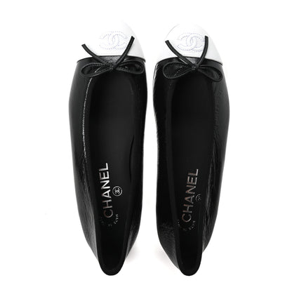 Chanel Crumpled Shiny Lambskin CC Cap Toe Ballerina Flats 37 Black White 2 of 10