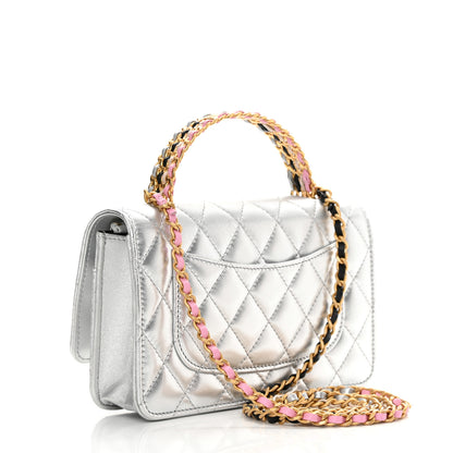 Chanel Metallic Calfskin Quilted Top Handle Wallet on Chain WOC Silver 2 of 14