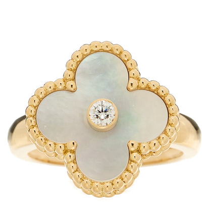 Van Cleef & Arpels 18K Yellow Gold Diamond Mother of Pearl Vintage Alhambra Ring 48 4.5 1 of 6