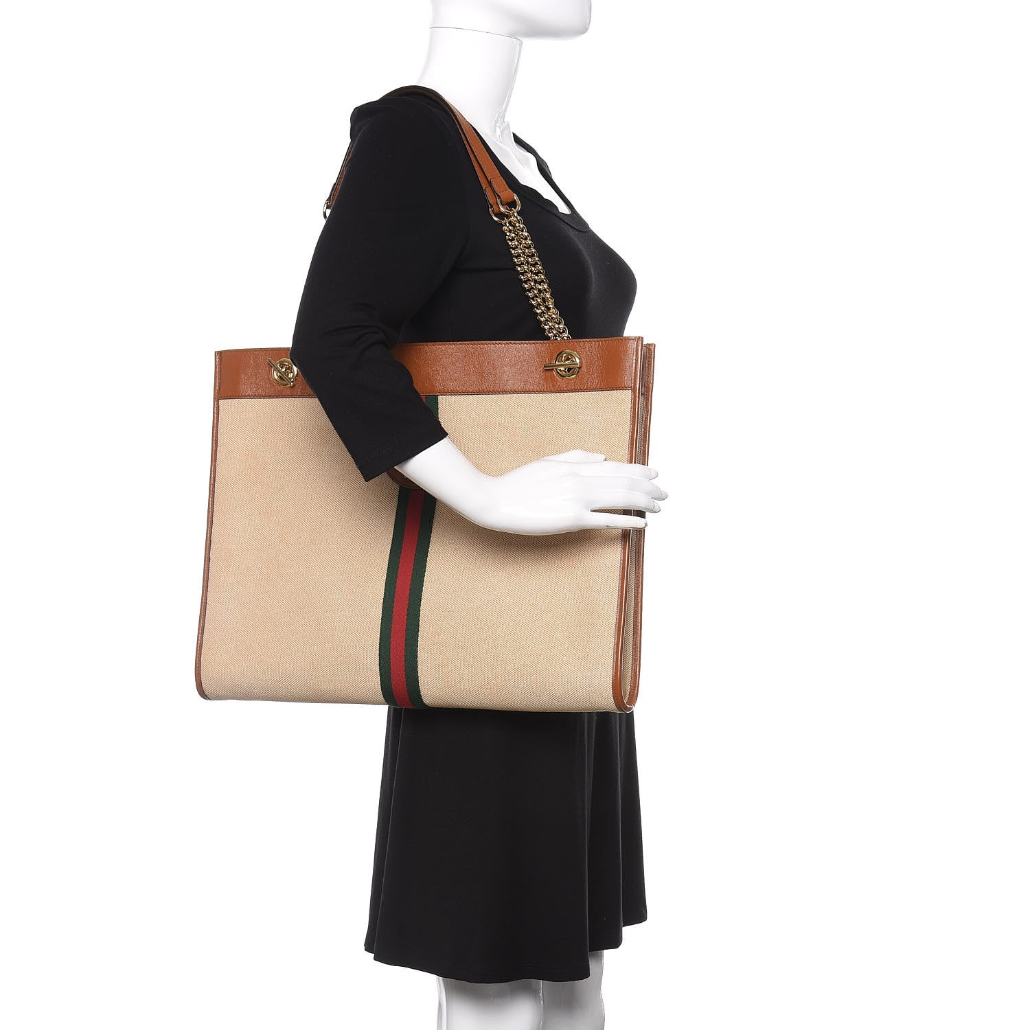 Gucci Vintage Canvas Calfskin Web Large Rajah Chain Tote Sand Light Cuir 2 of 10