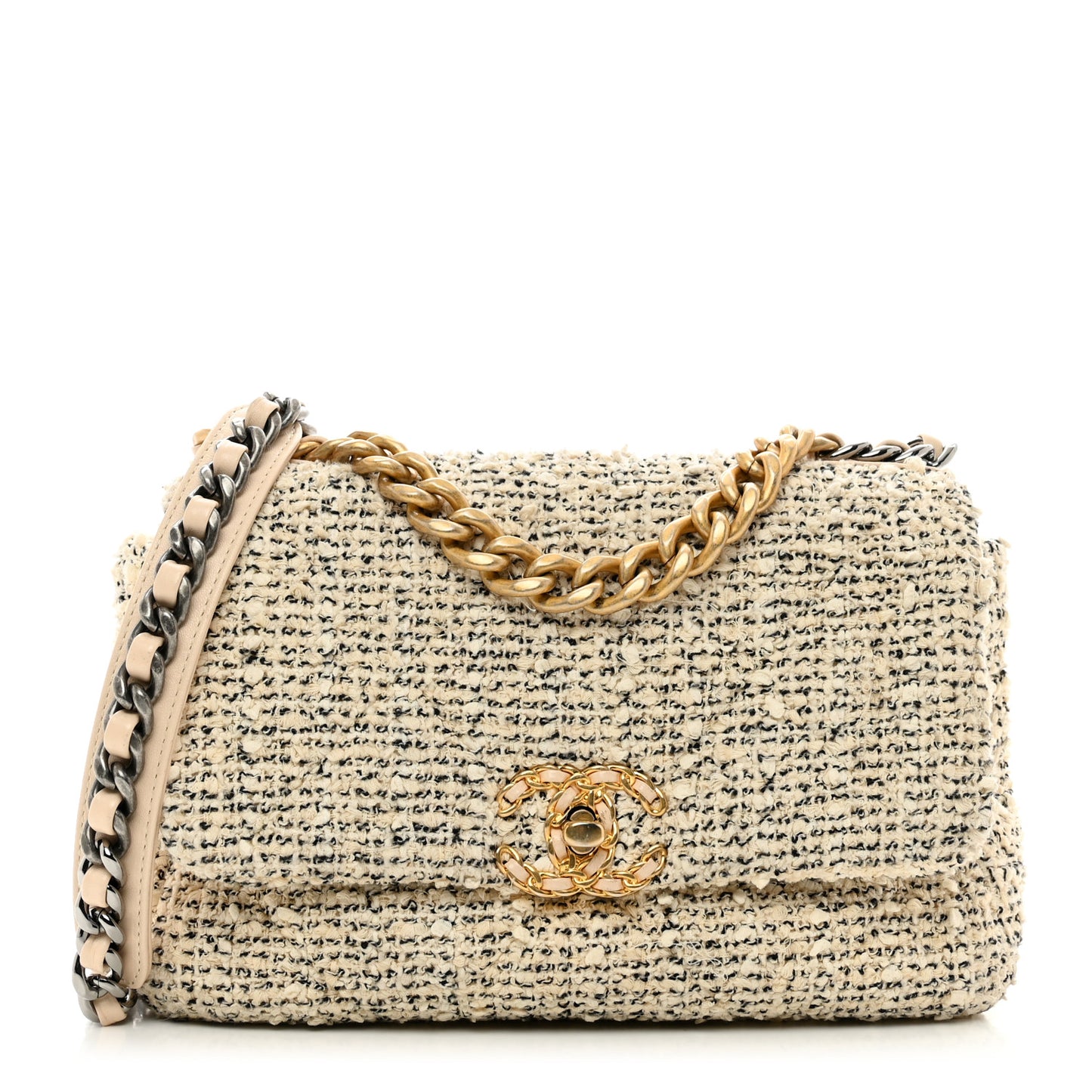 Tweed Quilted Medium Chanel 19 Flap Ecru Black