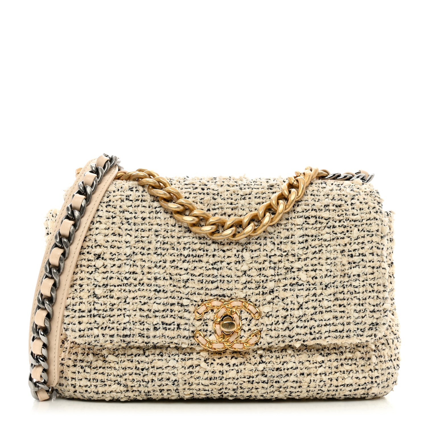 Chanel Tweed Quilted Medium Chanel 19 Flap Ecru Black 1 of 10