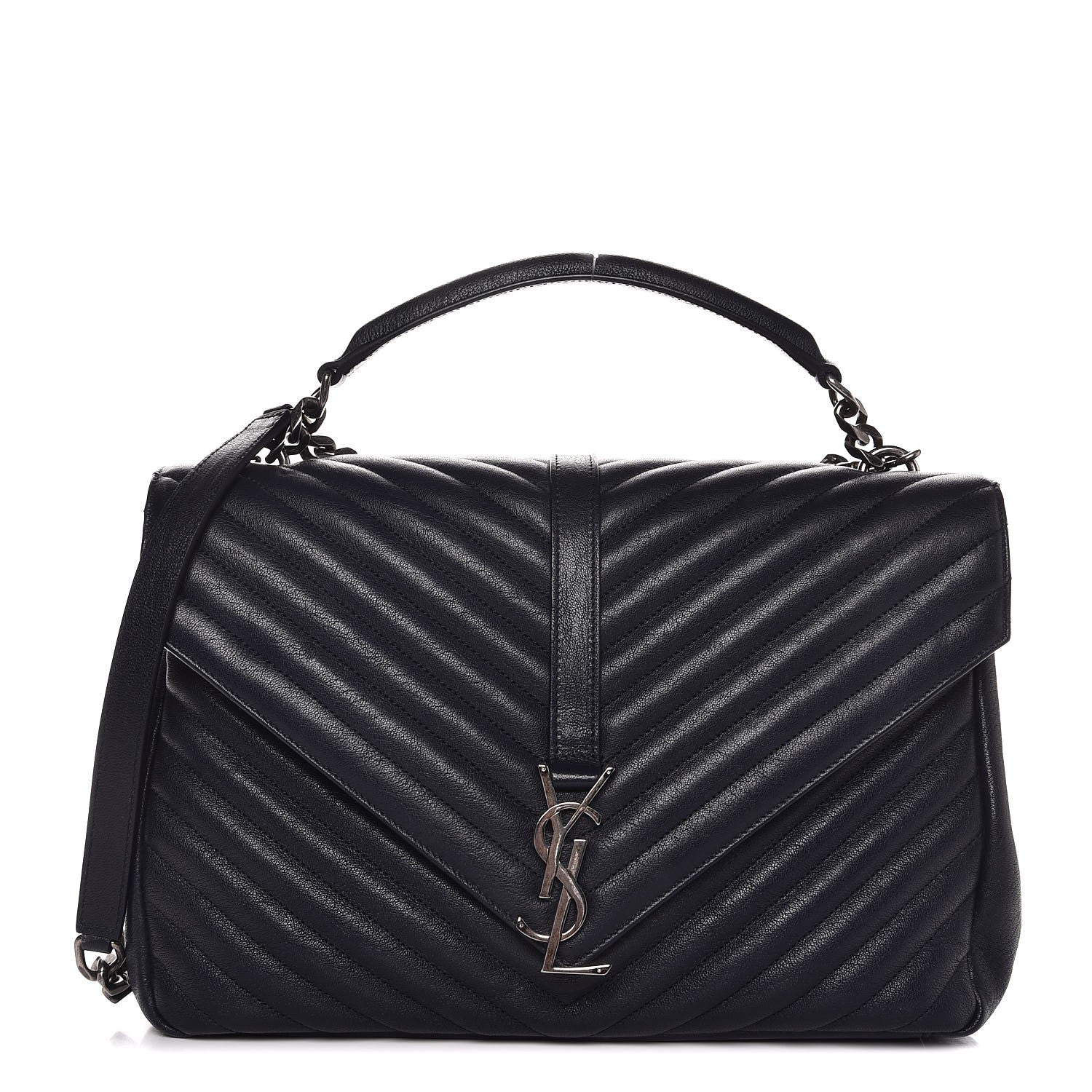 Saint Laurent Sheepskin Matelasse Chevron Monogram Large College Satchel Navy Blue 1 of 10