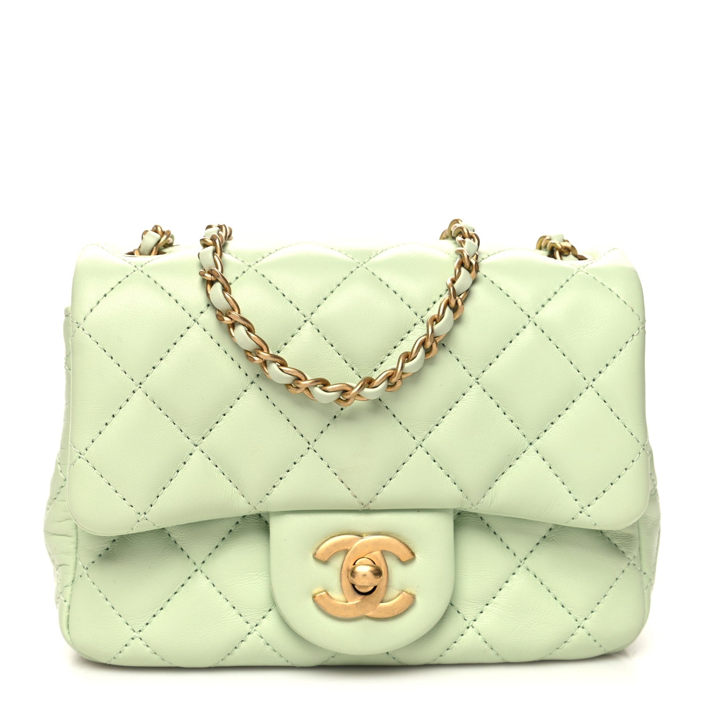 Lambskin Quilted Mini Pearl Crush Flap Light Green