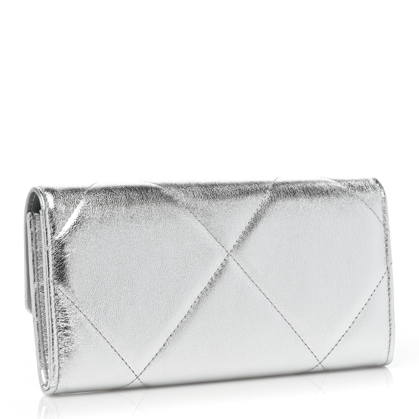 Metallic Lambskin Quilted Chanel 19 Flap Wallet Silver