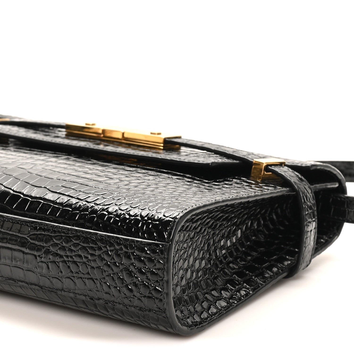 Saint Laurent Shiny Calfskin Crocodile Embossed Small Manhattan Baguette Black 9 of 9