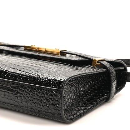 Saint Laurent Shiny Calfskin Crocodile Embossed Small Manhattan Baguette Black 9 of 9
