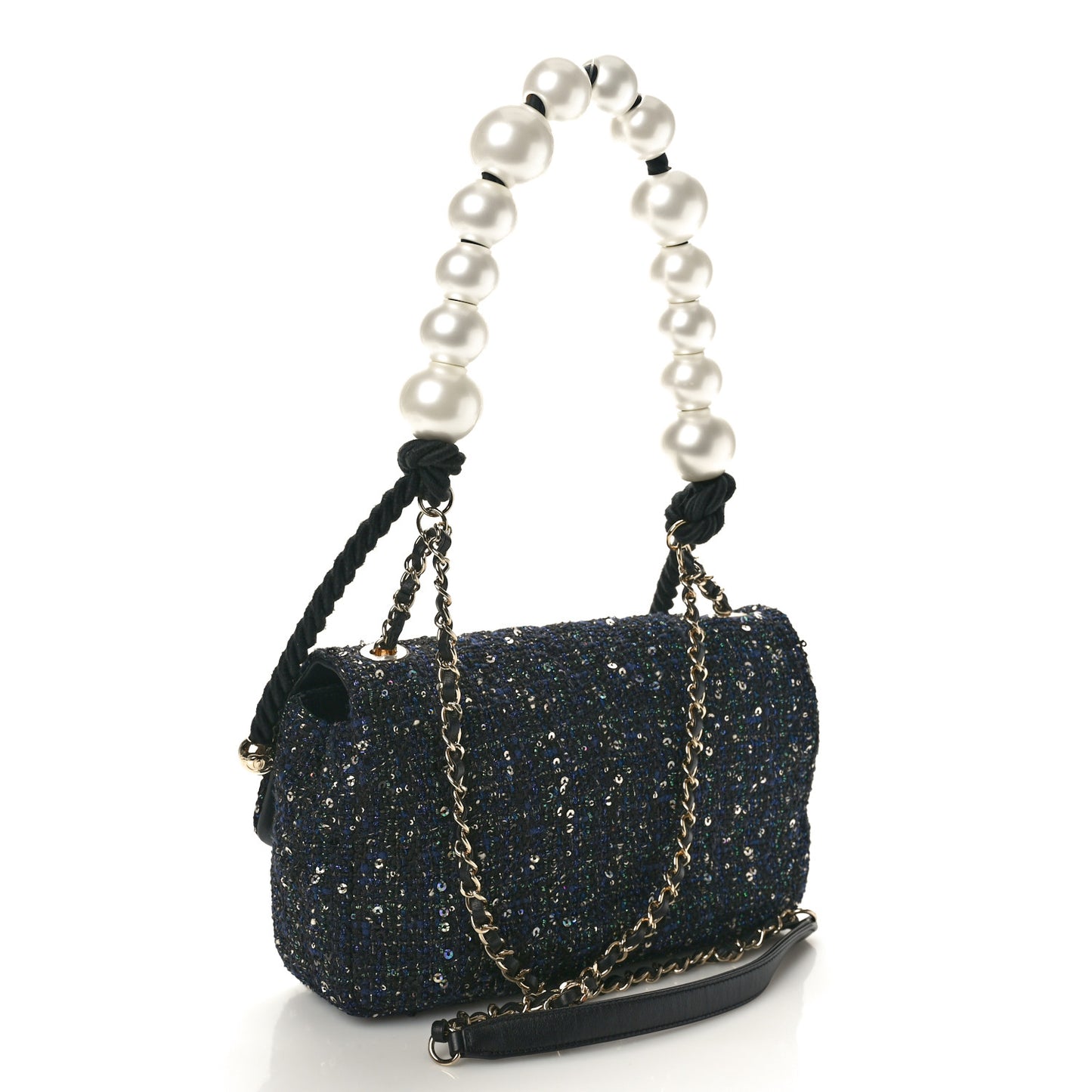 Tweed Medium Pearl Handle Flap Black Ecru