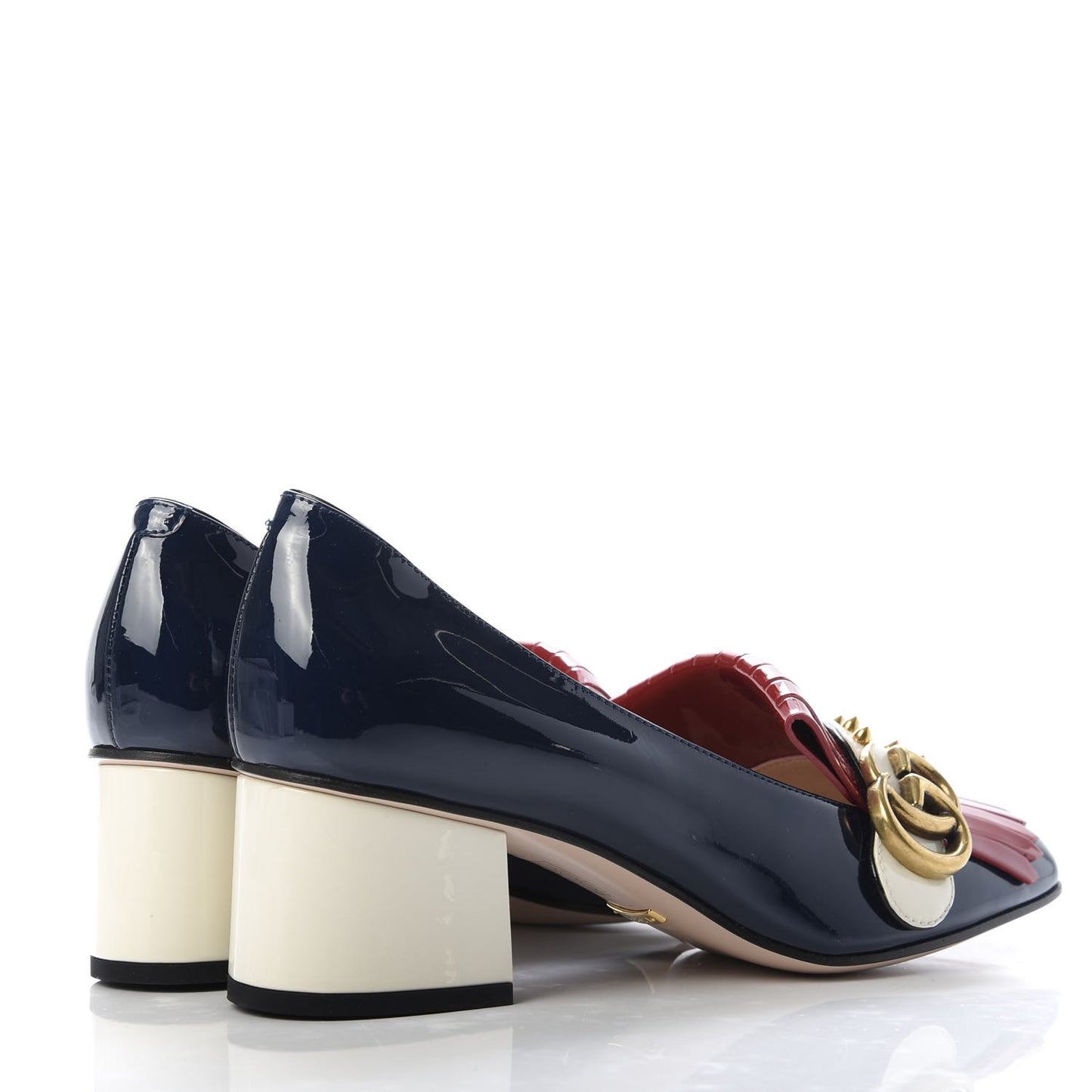 Vernice Studded GG Marmont Fringe 50mm Loafer Pumps 37 Blue Agata Hibiscus Red Mystic White
