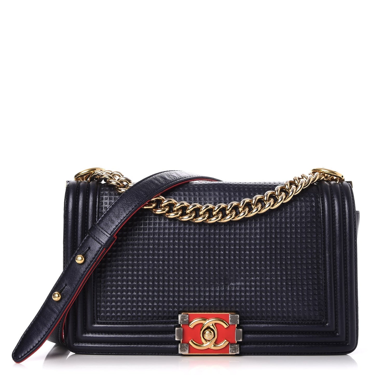 Lambskin Embossed Medium Boy Cube Flap Navy