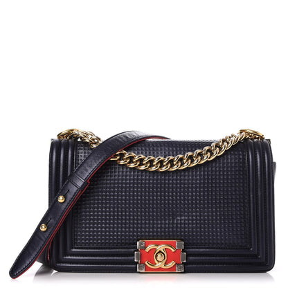 Chanel Lambskin Embossed Medium Boy Cube Flap Navy 1 of 8