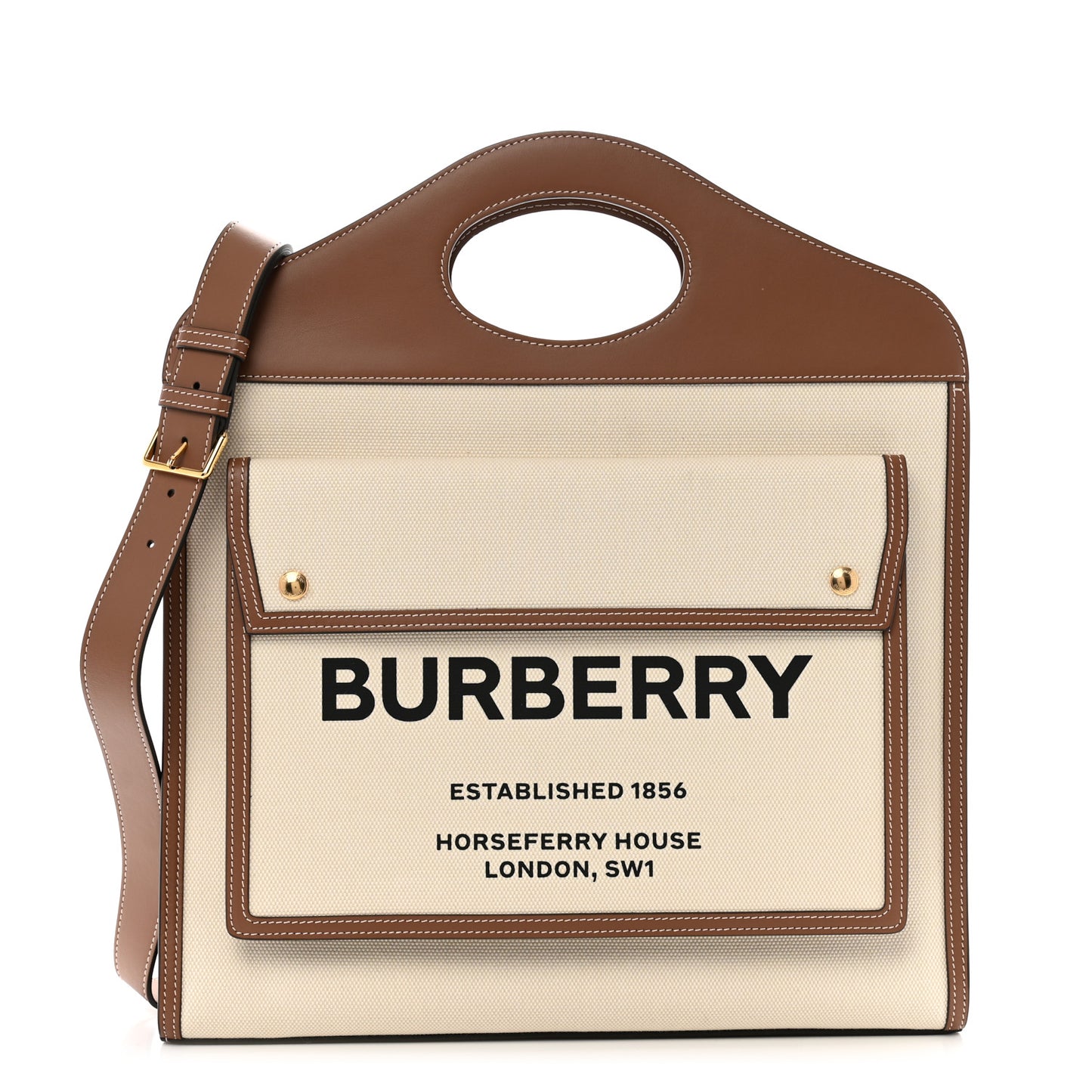 Canvas Smooth Calfskin Two Tone Medium Pocket Bag Natural Malt Brown