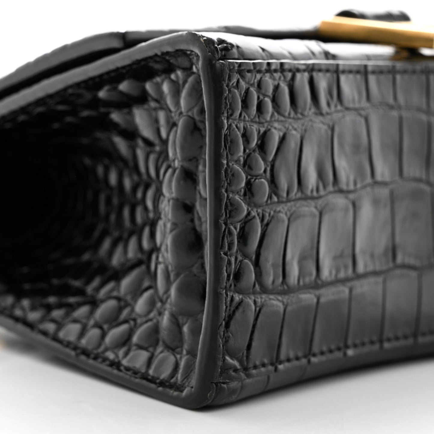 Shiny Calfskin Crocodile Embossed Hourglass Top Handle Bag XS Black