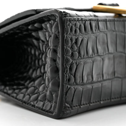 Balenciaga Shiny Calfskin Crocodile Embossed Hourglass Top Handle Bag XS Black 10 of 11