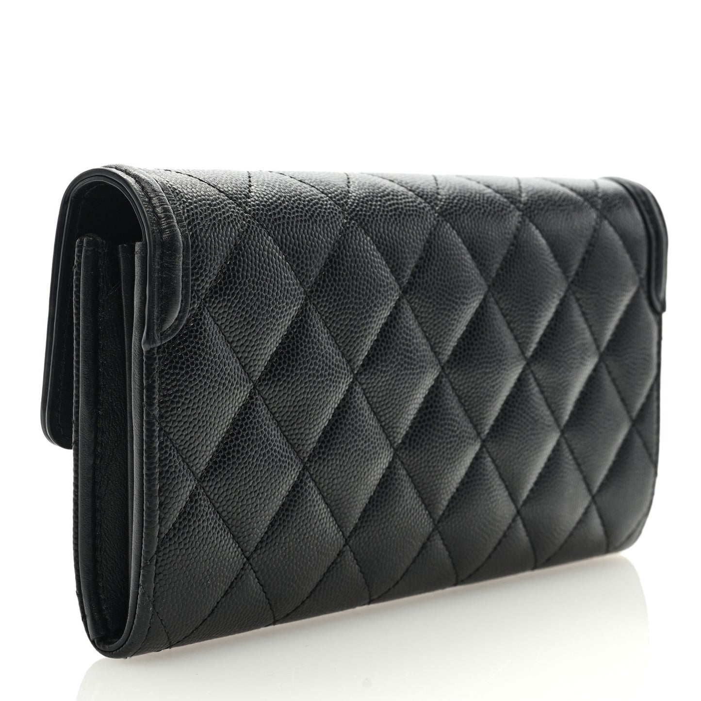 Caviar Quilted Filigree Large Gusset Flap Wallet Black