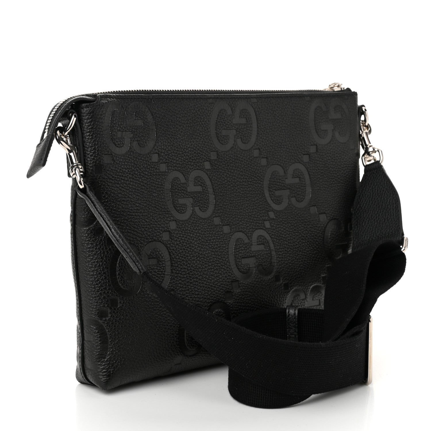 Gucci Piuma Calfskin Jumbo GG Embossed Medium Wristlet Messenger Bag Black 3 of 10